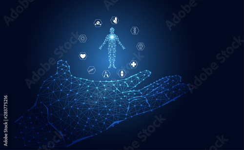 Abstract health medical science healthcare icon digital technology  hand wireframe on hi tech future blue background.