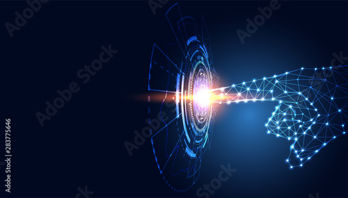 Abstract technology line triangle and points hand low poly future modern wireframe on hi tech future blue background.
