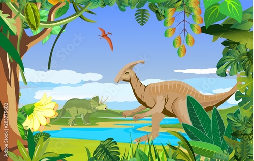 herbivorous  dinosaurs on the jungle , prehistoric life scene, vector illustration © Massaget