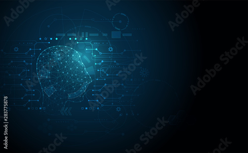Abstract Technology Artificial intelligence concept Big data digital Human head in robot and digital computer with circuit board and binary data on blue background.Vector illustration.