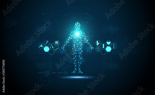 Abstract technology digital health medical concept human digital medical symbol on hi tech blue healthcare pharmacy on gradient