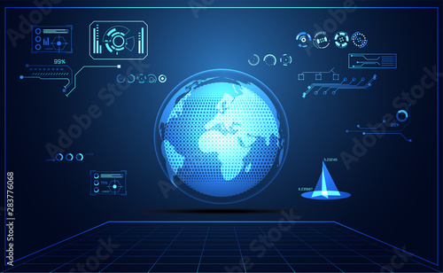 abstract technology ui futuristic map hud interface hologram elements of digital data chart, communication, computing and circle percent vitality innovation on hi tech future design background