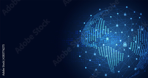 Abstract technology world cyber security privacy icon information network concept padlock protection digital network internet link on hi tech blue future background