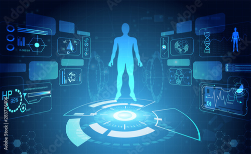 abstract technology science concept human data health digital : hud interface elements of medicine analysis fingerprint,brain,DNA and percent vitality innovation on hi tech future design background