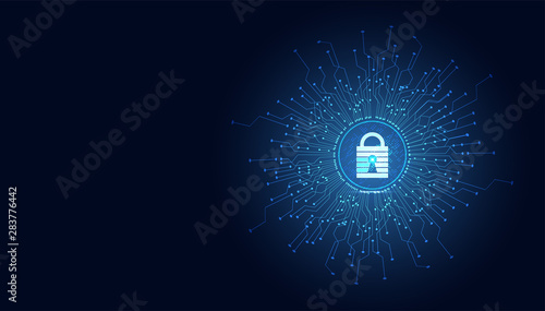 Abstract technology cyber security privacy information network concept padlock protection digital network internet link on hi tech blue future background