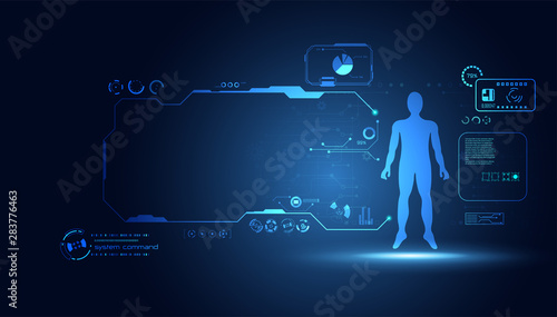 abstract technology science concept human data health digital : hud interface elements of medicine analysis fingerprint,brain,DNA and percent vitality innovation on hi tech future design background
