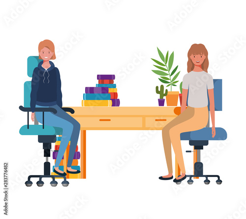 women sitting in the work office with white background