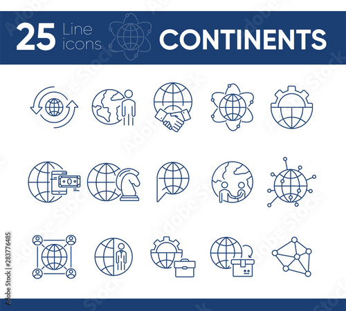 Continents line icon set. Globe, world, person, briefcase, handshake. Foreign affairs concept. Can be used for topics like global business, transaction, networking