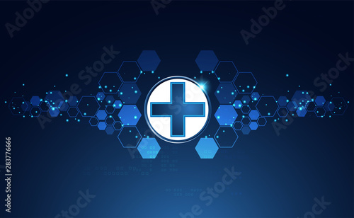 Abstract health science consist health plus digital technology concept  modern medical technology,Treatment,medicine on hi tech future blue background.