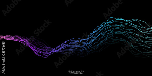 Abstract vector wave lines purple green blue colors isolated on black background for design elements in concept technology, modern, science. A.I.