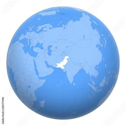 Pakistan on the globe. Earth centered at the location of the Islamic Republic of Pakistan. Map of Pakistan. Includes layer with capital cities.