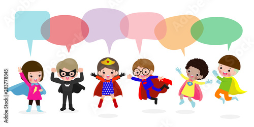 Cute superhero kids with speech bubbles, Set of super hero child with speech bubbles isolated on white background, Vector Illustration