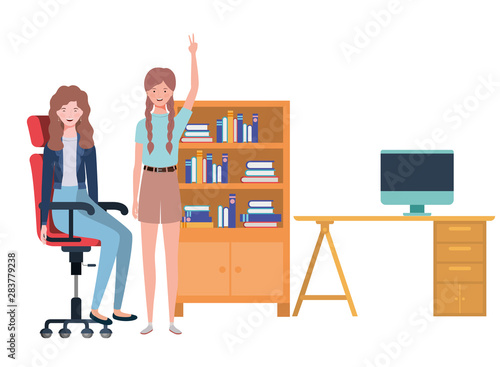 women sitting in the work office with white background
