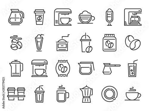 Coffee line icons. Hot drink cup, nature coffee beans and cafe outline pictogram. Cafe espresso bean label, coffee maker machine and pot drink holder. Isolated vector signs set
