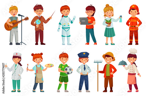 Kids workers. Child professional uniform, policeman kid and baby job professions. Children character teacher, doctor and astronaut job professional play. Cartoon isolated vector icons set