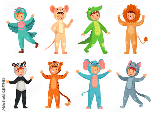 Cartoon baby animal costumes. Cute girl in panda costume, little boy in elephant suit and kids party mascot. Halloween, pajama or birthday party dress. Isolated vector illustration icons set