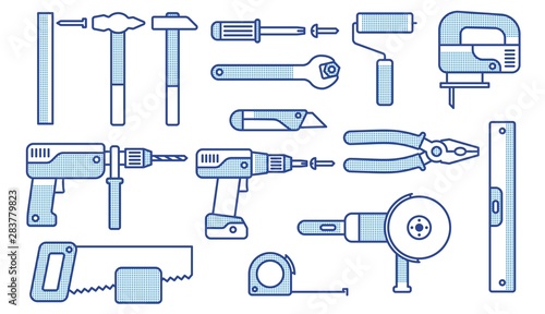 Working tools set. Linear icons of mechanical tools. Vector illustration.