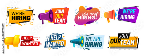 Join our team banners. We are hiring communication poster, help wanted advertising banner with speaker and vacant badge. Hr recruiting hire, vacancy job offer isolated vector signs set photo