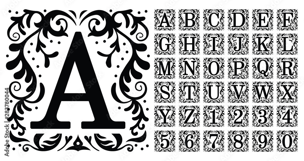 Vintage monogram letters. Decorative ornamental ancient capital letter, old  alphabet monograms and filigree ornament font. Renaissance or victorian  engraved initial abc. Isolated vector symbols set Stock Vector