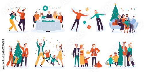 Christmas people. Winter family holidays, decorate xmas tree and home holiday dinner. Skating and skiing characters, family new year celebration. Isolated vector illustration icons set