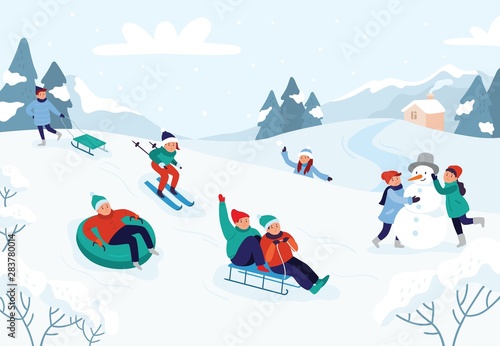 Slika na platnu Kids riding sledding slide
