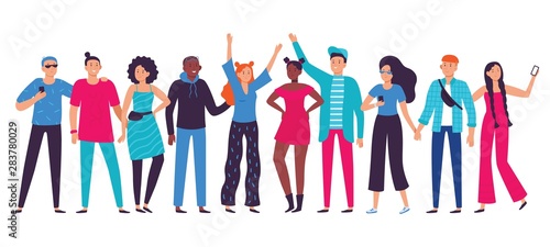 Group of young people. Teenagers team, happy teenager with friends and student person lifestyle. Working corporate conference, human friendship communication flat vector illustration