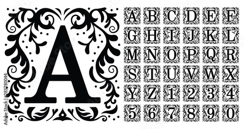Vintage monogram letters. Decorative ornamental ancient capital letter, old alphabet monograms and filigree ornament font. Renaissance or victorian engraved initial abc. Isolated vector symbols set photo