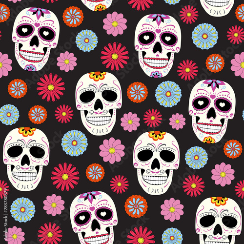 Day of the Dead sugar skull with floral ornament and flower seamless pattern on black background. halloween skull pattern background. vector illustration