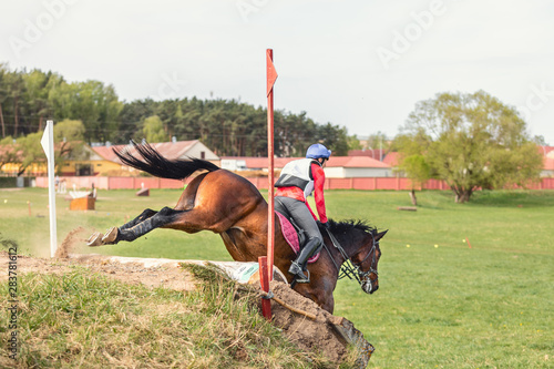 sorrel horse jumping down during eventing competition