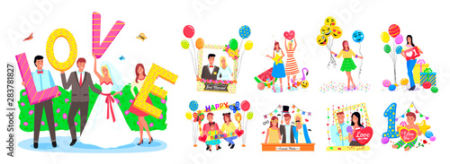 Set of photozones, accessorize, frames and decorations for different events like wedding or birthday party. Smiling people posing for photoes with balloons vector. Birthday, wedding or festival photo