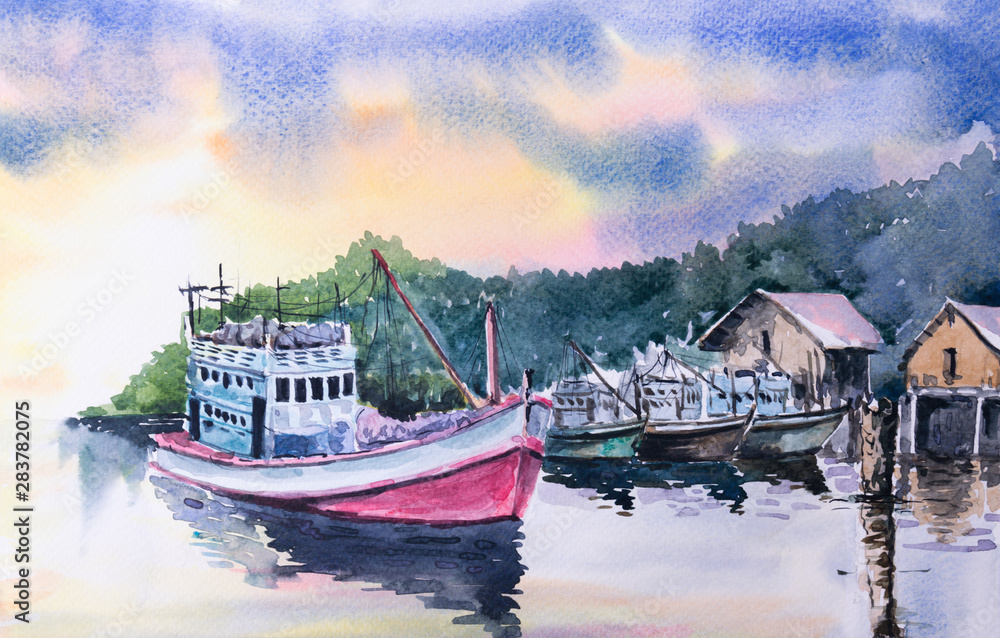 Fototapeta premium The fishing boat in watercolor painting.