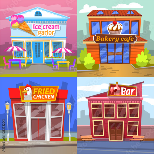 Urban building set ice cream parlor, bakery cafe, fried chicken market or restaurant and bar. Exterior of snack place with terrace, pub architecture vector, buildings for game