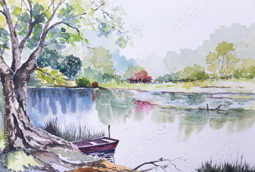 Beautiful landscape view in watercolor painting.