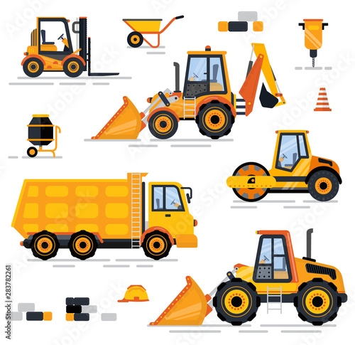 Construction equipment set, heavy machine, forklift and barrow, brick and drill concrete mixer, tractor and lorry. Professional engineering objects on white. Special machines for the construction work