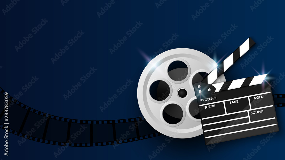 Clapper board and film reel on blue background, cinema background concept, vector illustration
