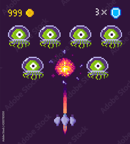 Spaceship and aliens fight pixel game vector. Pixelated characters and points gained in battle, spacecraft galaxy invaders in suits protective uniform