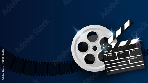 Clapper board and film reel on blue background, cinema background concept, vector illustration