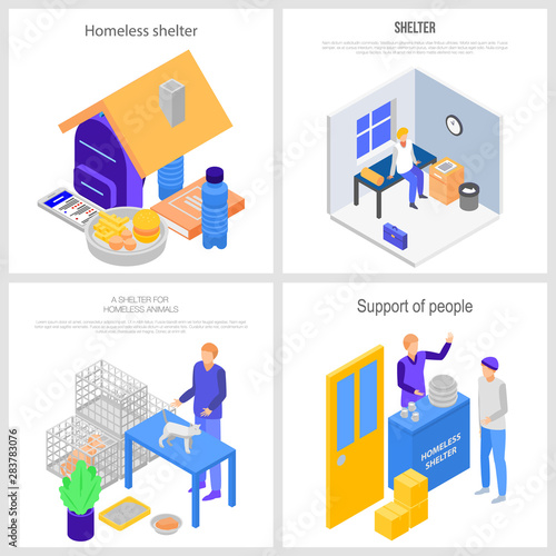 Homeless shelter charity banner set. Isometric set of homeless shelter charity vector banner for web design