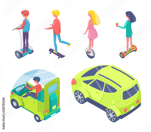 Eco transport vector, people on cars using e-transport to commute, teenegers on hoverboards set, girl with cup and beverage machines set flat style photo