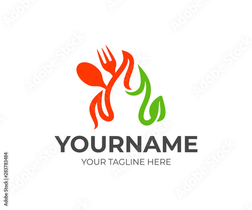 Fork, spoon, fire and leaf, logo design. Food, eatery, restaurant and catering, vector design and illustration