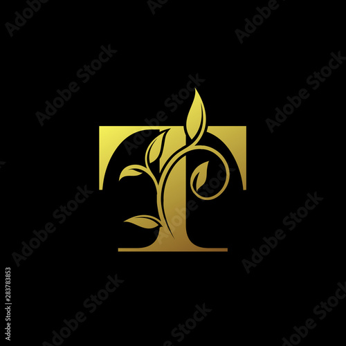 T Gold Letter Logo With Luxury Floral Design. Vintage T drawn letter mark for book design, brand name, business card, Restaurant, Boutique, Hotel. 