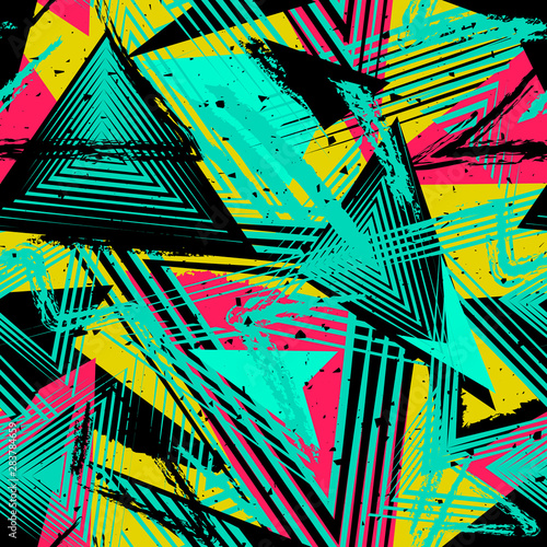 Abstract neon seamless geometric pattern. Colorful sport style vector illustration. Grunge urban art texture with chaotic lines, triangles, brush strokes. Turquoise green, red, yellow and black colors