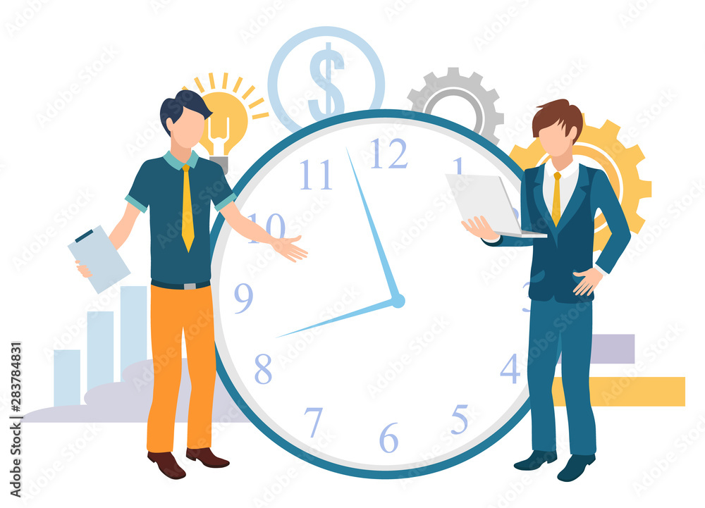 Workers communication with laptop, deadline work, creative idea. Employee finance strategy, researching and developing, professional cooperation vector. Two mans near clock. Time managment concept
