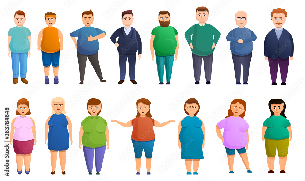 Overweight icons set. Cartoon set of overweight vector icons for web design