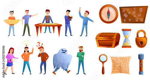 Quest game icons set. Cartoon set of quest game vector icons for web design