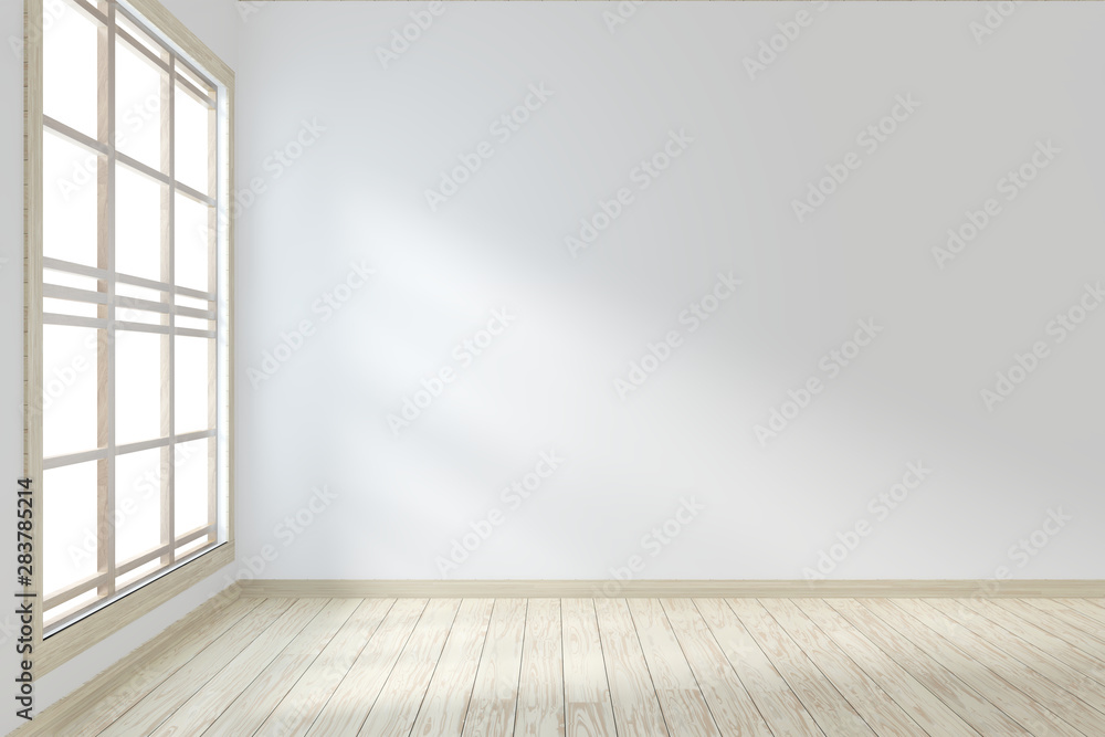 Idea of empty room interior zen style floor wooden on white empty wall.3D rendering Idea of empty room interior zen style floor wooden on white empty wall.3D rendering