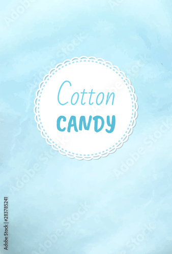 Cotton candy holiday treats logo, fluffy candyfloss of blue color. Vector blueberry taste confectionery made of sugar, summer trip for kids, airy sweetness