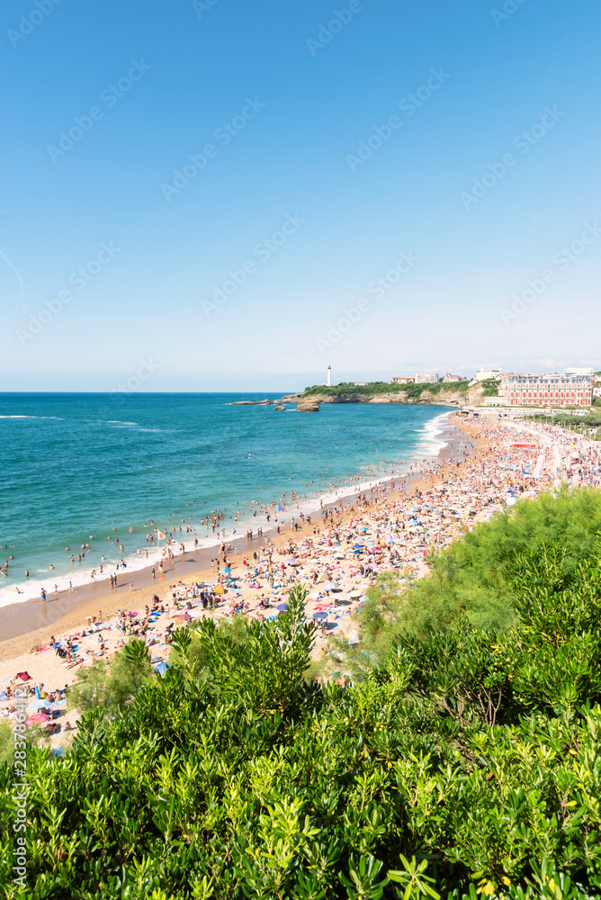 Beautiful view on the main beach of Biarritz. Summer time in the Basque country of France.