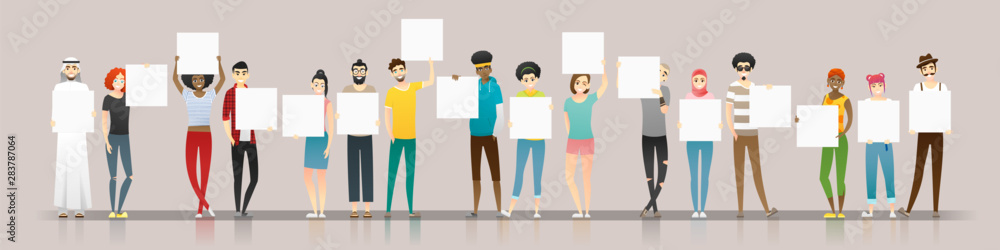 Group of young people holding empty boards , vector , illustration ...