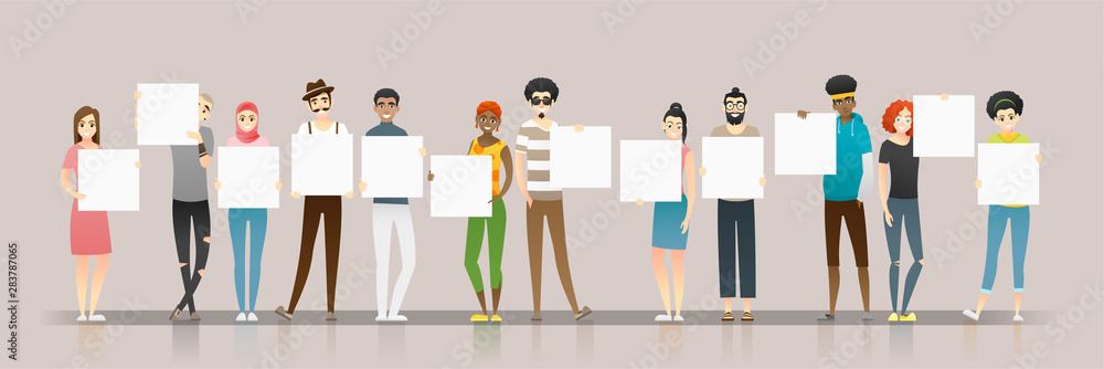 Group of young people holding empty boards , vector , illustration Group of young people holding empty boards , vector , illustration